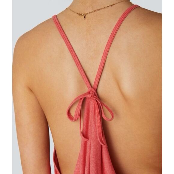 NEW Halara V Neck Tie Back Ruched Maxi Slip Dress Size XL Casual Comfort Resort - Picture 4 of 14